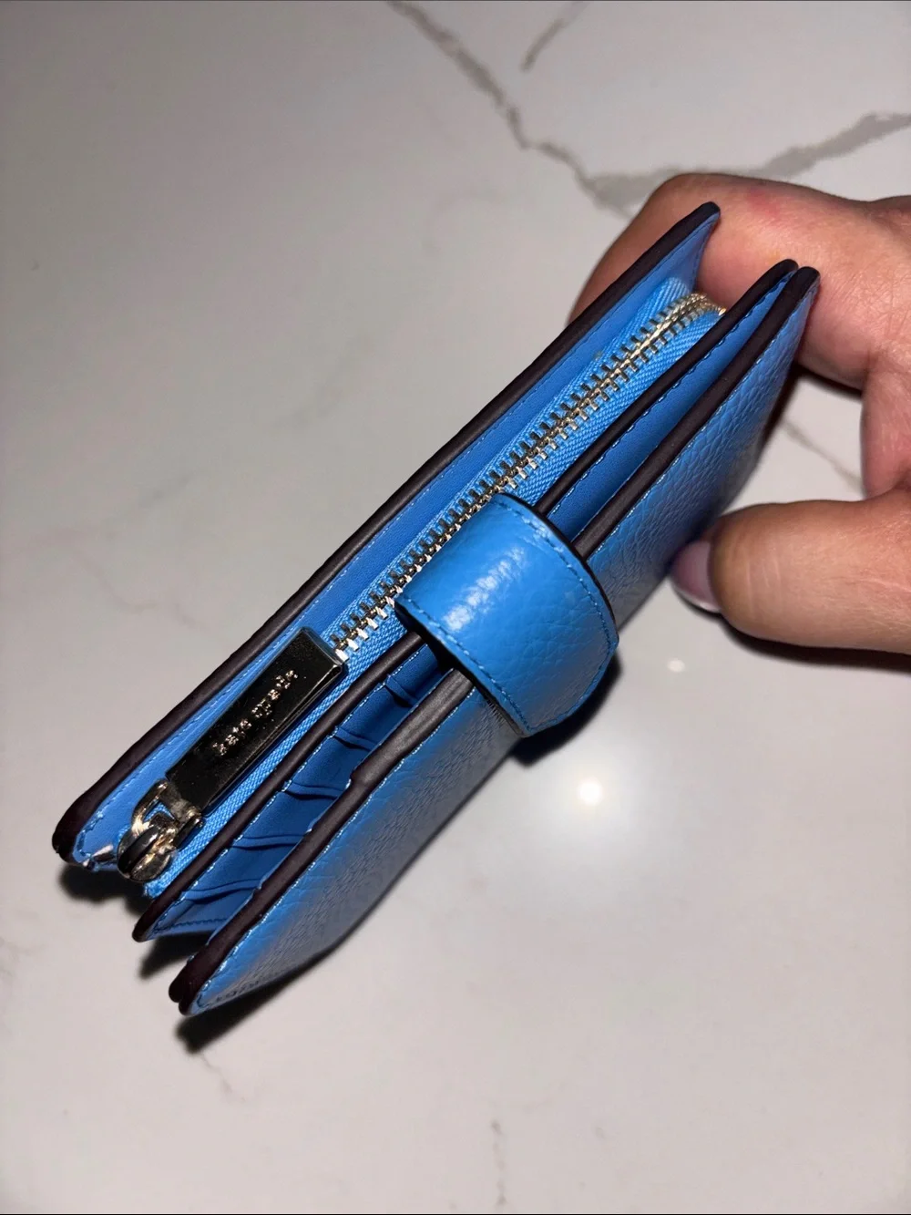 kate spade pebble leather zip wallet in bright blue